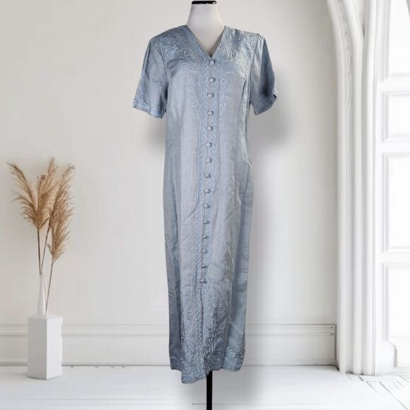 Vintage Sarah Elizabeth Linen Blend Sheath Maxi Dress Size 12 Button Embroidery - Picture 3 of 16